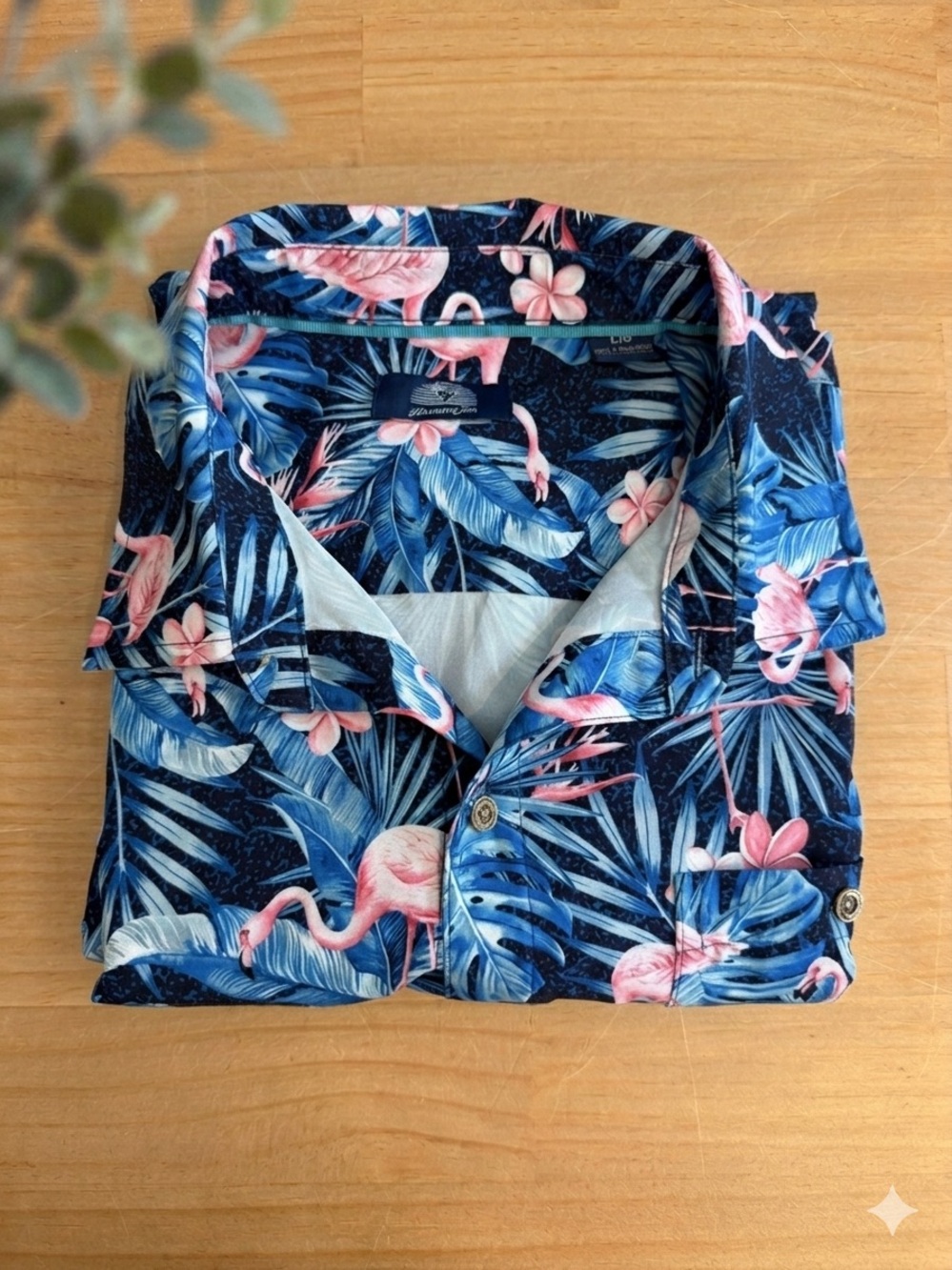 Havana Jim Hawaiian Shirt Men Sz LARGE Blue Pink Flamingo Tropical Floral Button